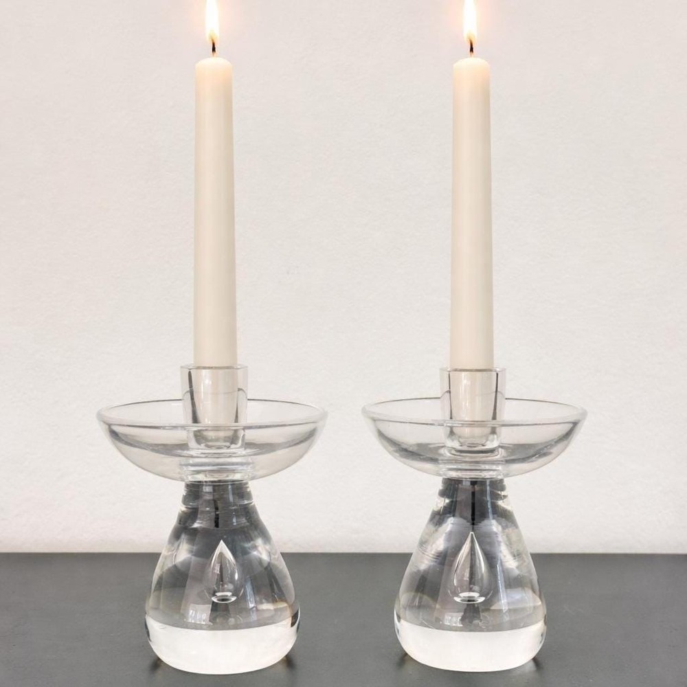 Vintage Val St Lambert Crystal Candleholders MCM Teardrop Pair 4.5" ~ Belgium